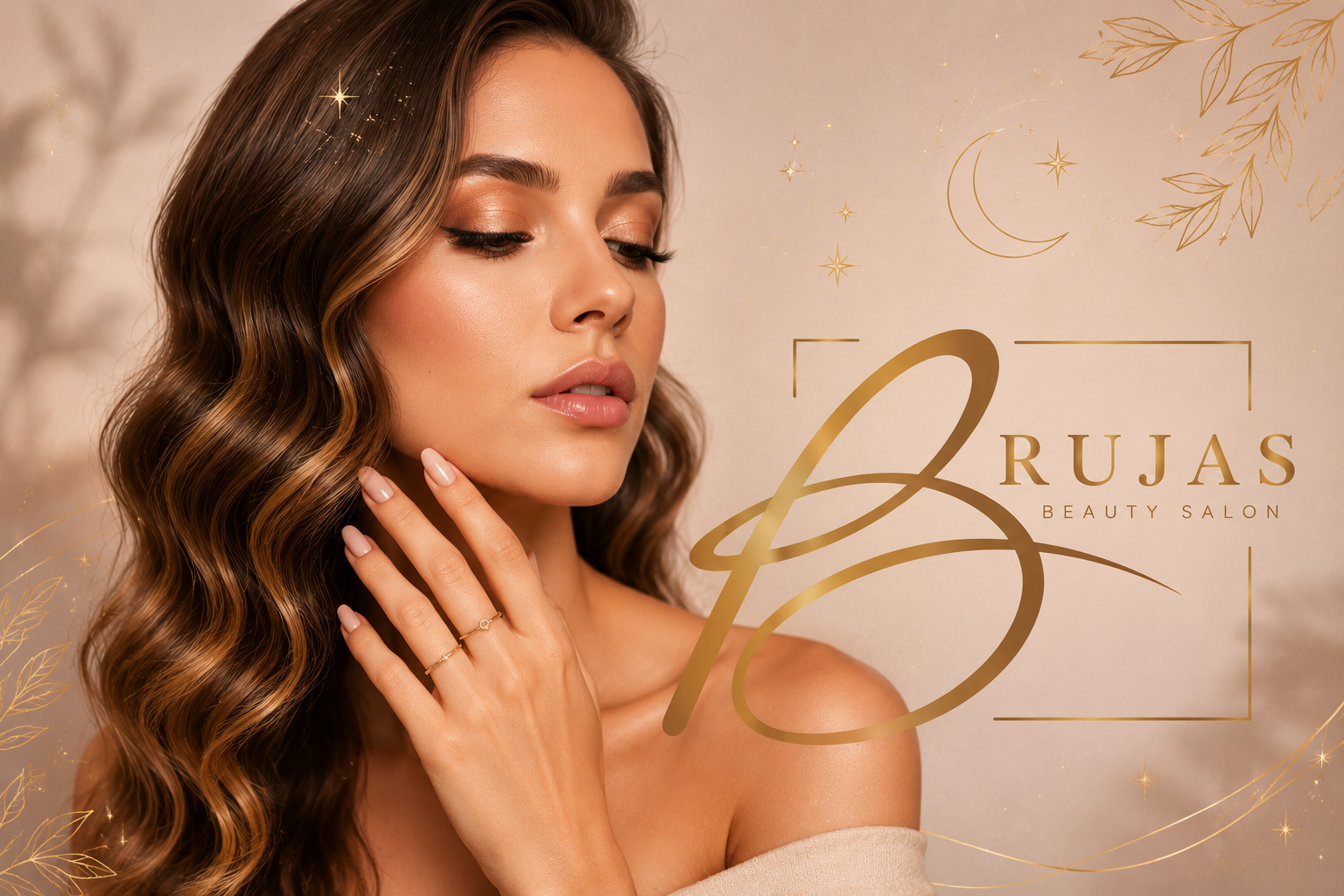 Modelo de belleza con el logo de Brujas Beauty Salon